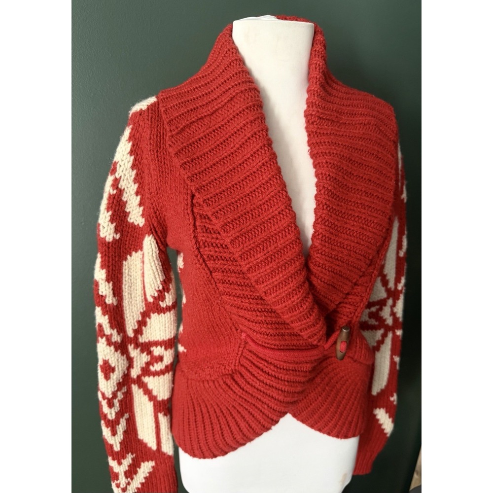 American Eagle Y2K Cardigan Womens Size M Red Snowflake Fair Isle Chunky Knit - Picture 2 of 8